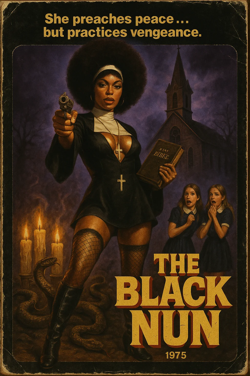 VHS-Poster: The Black Nun — weiche Tracking-Artefakte, Rauch, weiche Kanten.