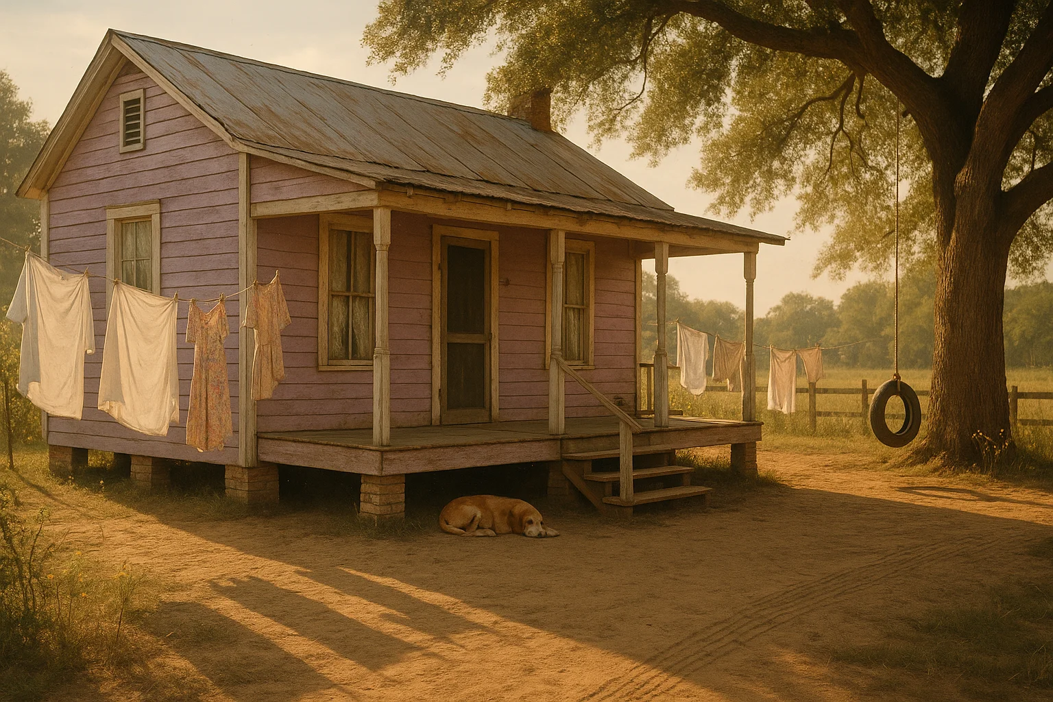 Ein pastellfarbenes, leicht verwittertes Holzhaus mit Veranda. Wäsche flattert an einer Leine. Ein Hund schläft im Schatten. Die Luft flirrt. Eine Kinderschaukel aus Autoreifen schwingt langsam.