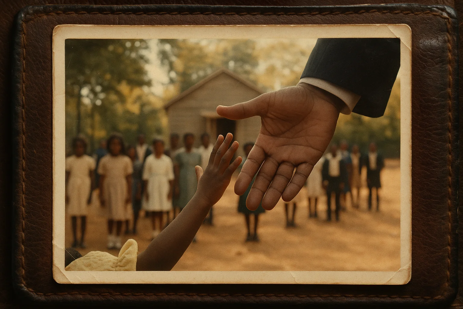 Kinder in gebügelten Sonntagskleidern stehen in einer Reihe. Staub flirrt im Licht. Ein Mann im Anzug nähert sich. In der Mitte: ein kleines Mädchen in Gelb mit einer übergroßen Schleife im Haar. Ihre Hand ist ausgestreckt. Ihre Augen: wach, wissend, zu ruhig für ihr Alter.