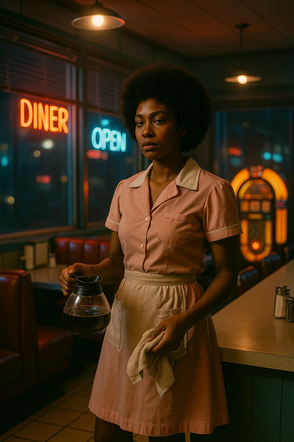 Ein low-lit Diner, spät am Abend. Neon spiegelt am Fenster. Eliza im pastellrosafarbenen Serveurinnen‑Uniform mit Kaffeetasse, hinten eine Jukebox, ein Mann mit Sonnenbrille, ein Spiegel. Alles glänzt ein bisschen zu viel. Alles riecht nach allem.