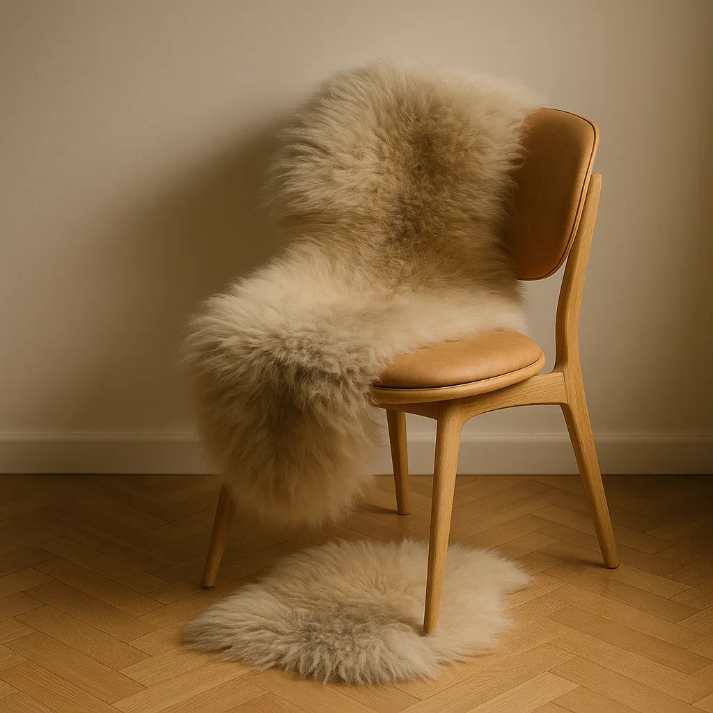 Schaffell auf Holzstuhl