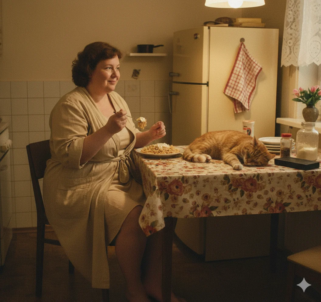 Olga nascht im Kühlschranklicht